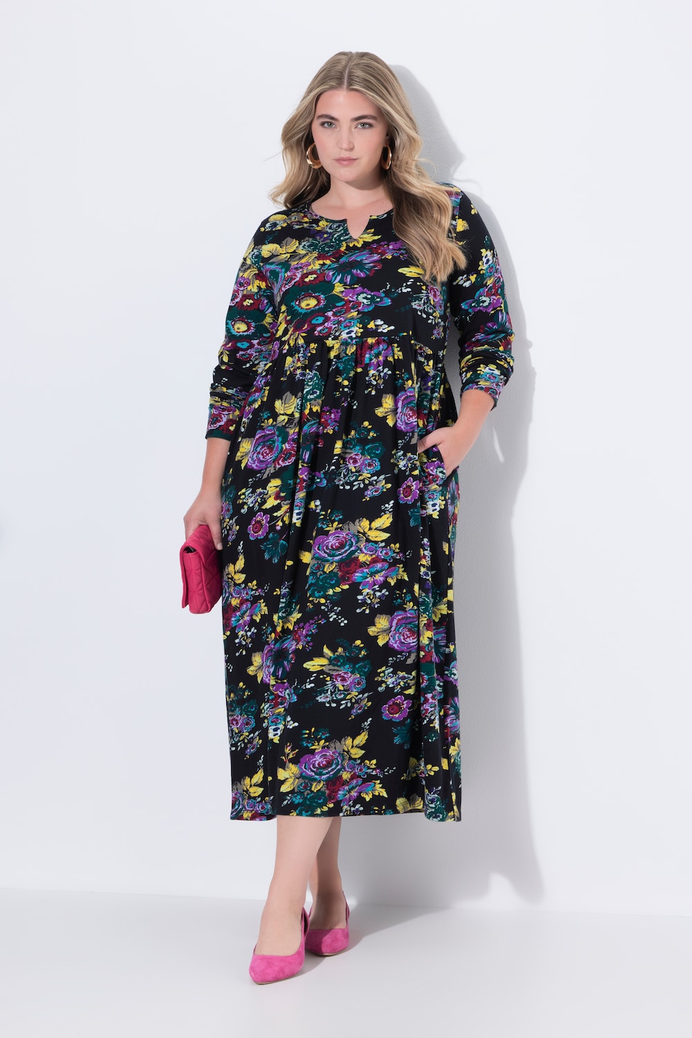 Maxikleid, Blüten, A-Linie, Tunika-Ausschnit, Langarm
