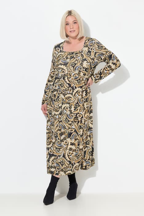 Maxi-jurk, paisley, A-lijn, carréhals, lange mouw