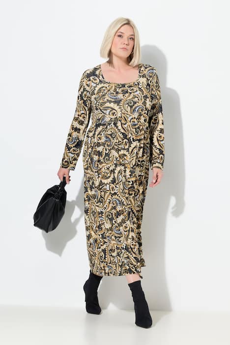 Maxi-jurk, paisley, A-lijn, carréhals, lange mouw