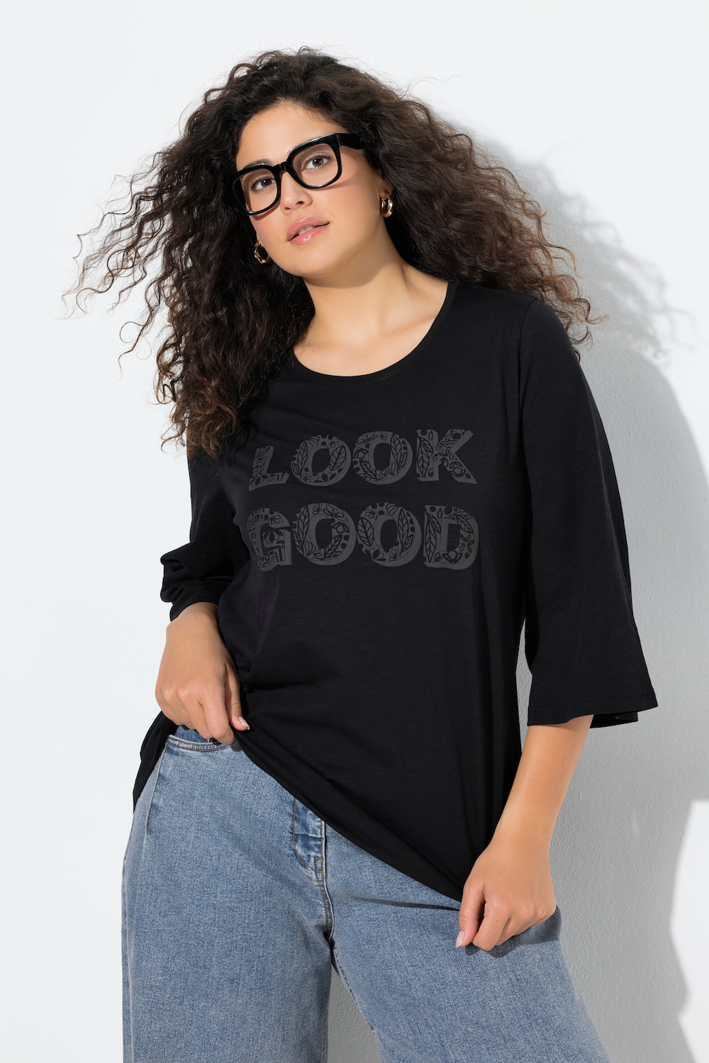 T-shirt “Look Good”, A-form, rund hals, 3/4-klokkeærmer