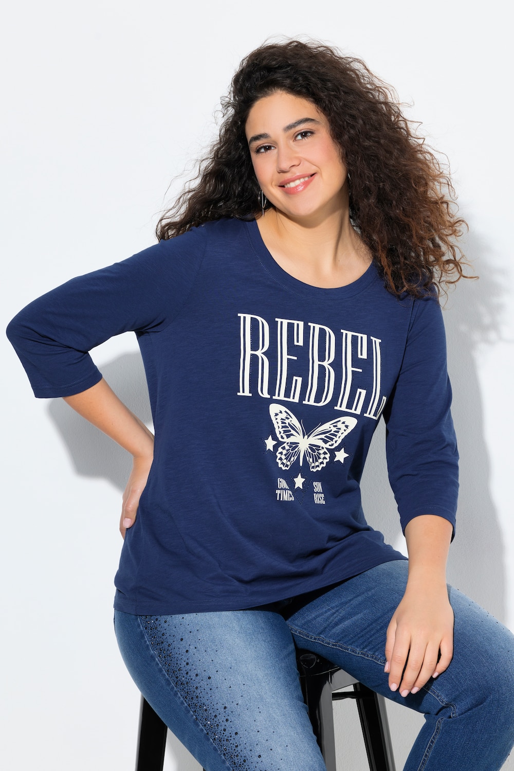 Shirt, Ziersteine, Classic, Rundhals, 3/4-Arm