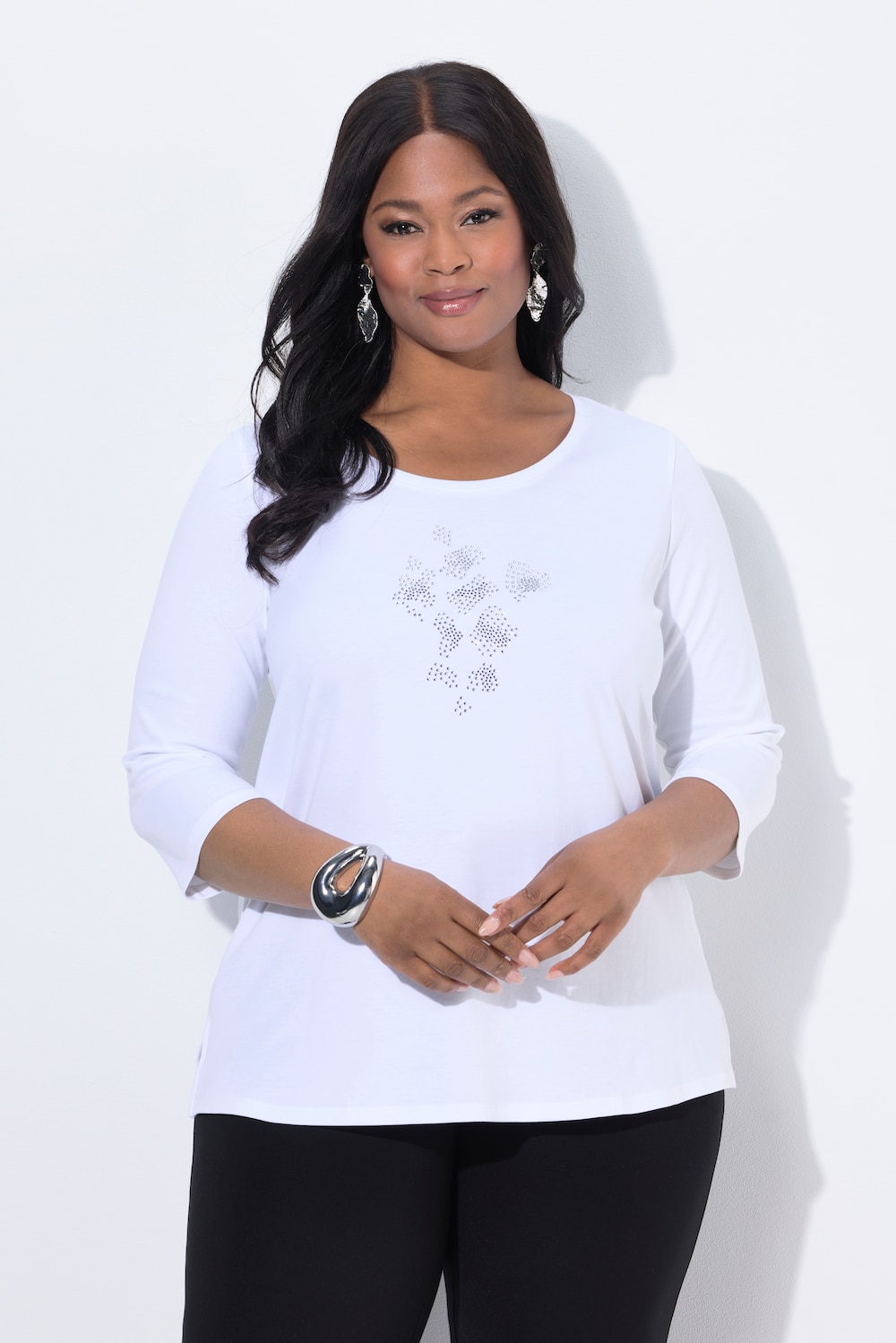 Shirt, Ziersteine, A-Linie, Rundhals, 3/4-Arm, Pima Cotton