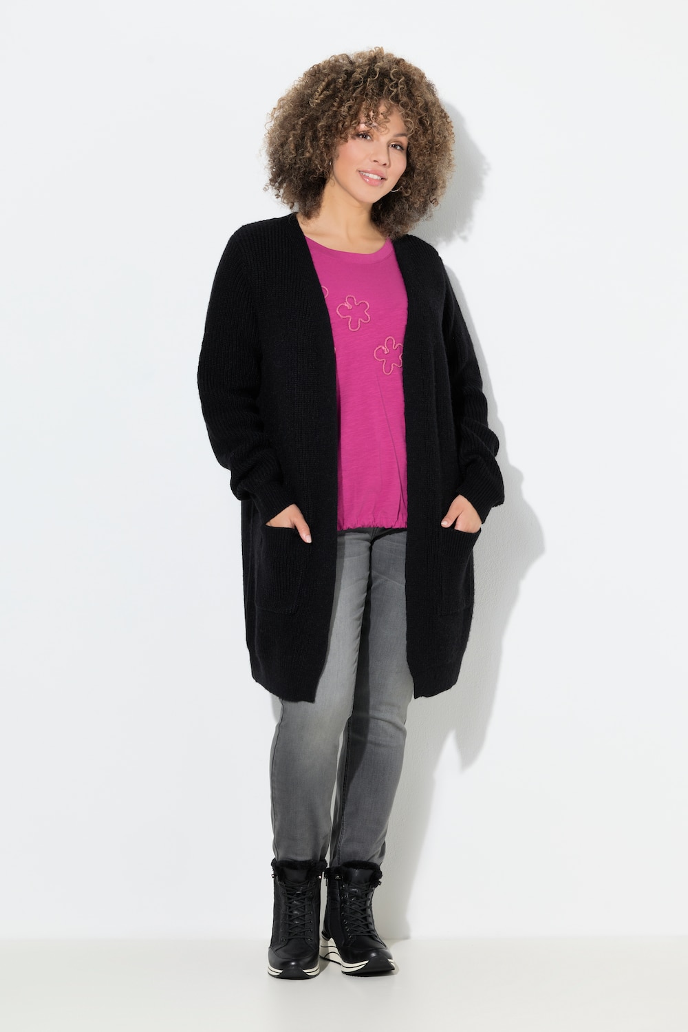 Große Größen Long-Strickjacke, Damen, schwarz, Größe: 50/52, Synthetische Fasern/Polyester, Ulla Popken