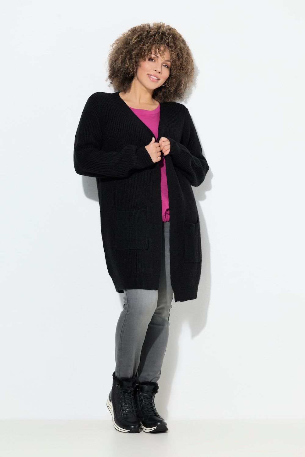 Große Größen Long-Strickjacke, Damen, schwarz, Größe: 58/60, Synthetische Fasern/Polyester, Ulla Popken