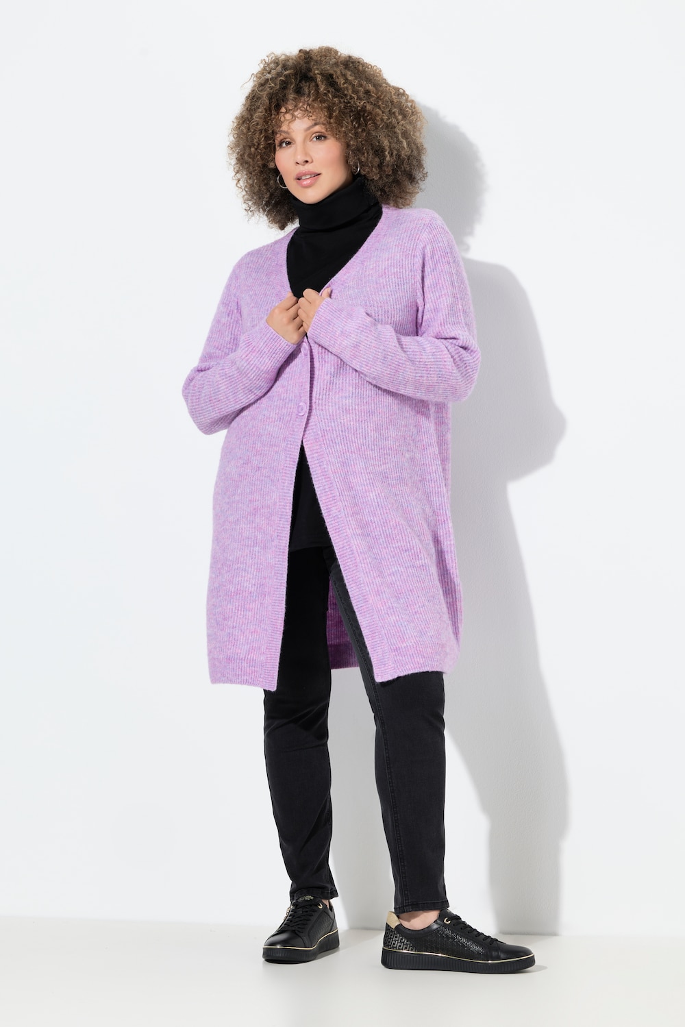 Long-Strickjacke, Rippstrick, V-Ausschnitt, Langarm