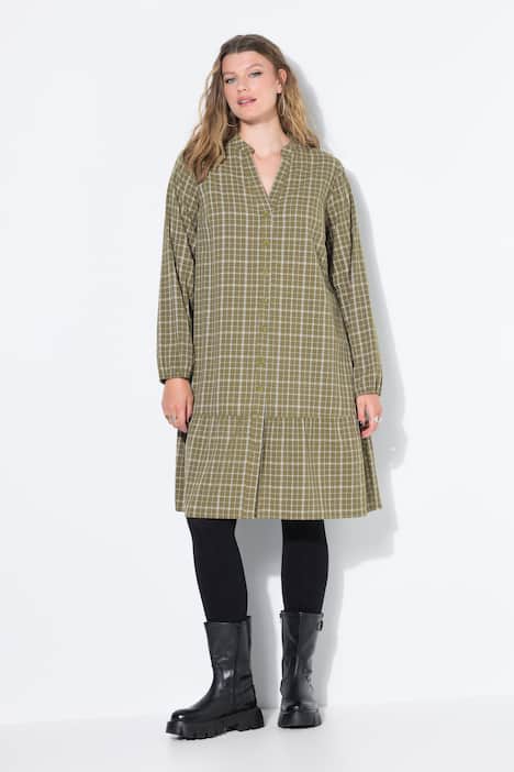 Kleid, kurze A-Line, Karo, Saumvolant, Knopfleiste