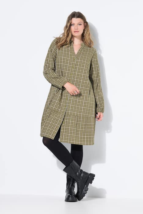 Kleid, kurze A-Line, Karo, Saumvolant, Knopfleiste