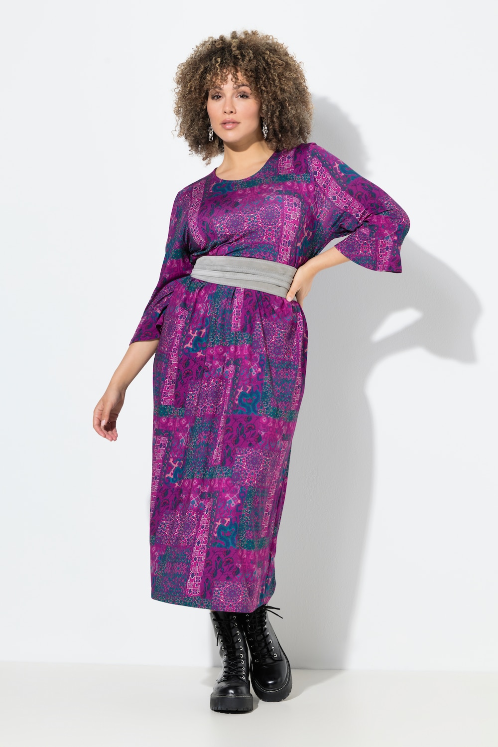 Jersey-Midikleid, Patchdruck, A-Linie, Rundhals, 3/4-Arm