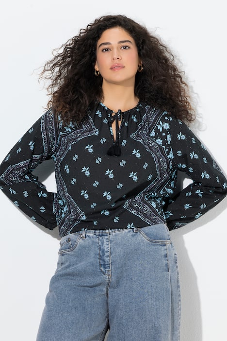 Bluse, A-Linie, Tunika-Ausschnitt, Langarm