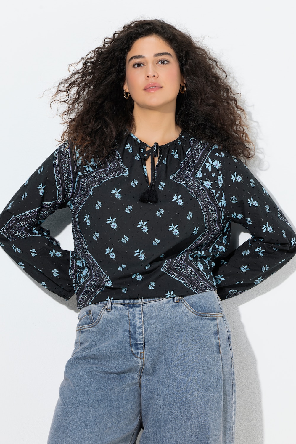 Bluse, A-Linie, Tunika-Ausschnitt, Langarm