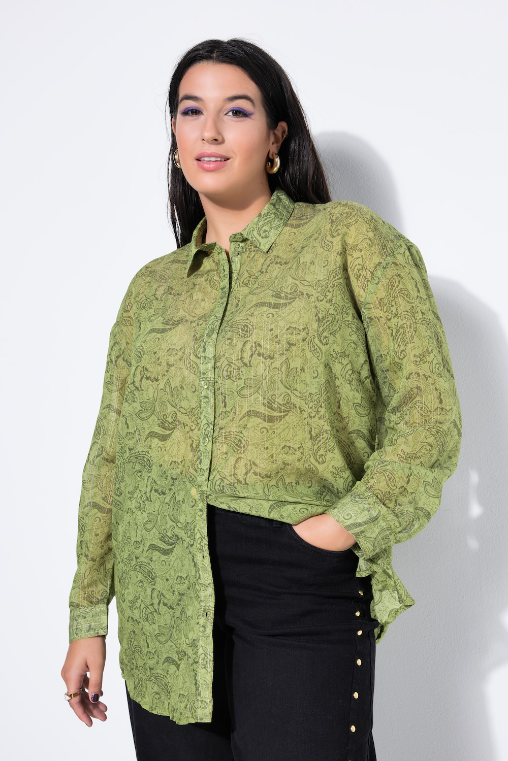 Bluse, oversized, Paisley, Goldfäden, Saum hinten länger
