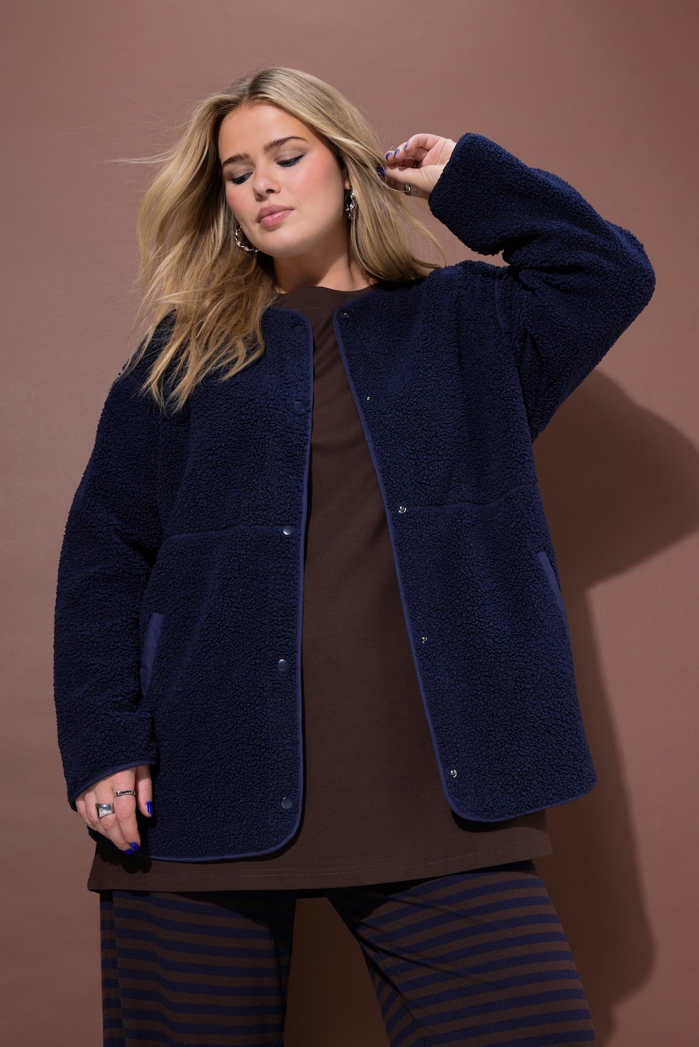 Teddyfleece-jakke, oversized, rund hals