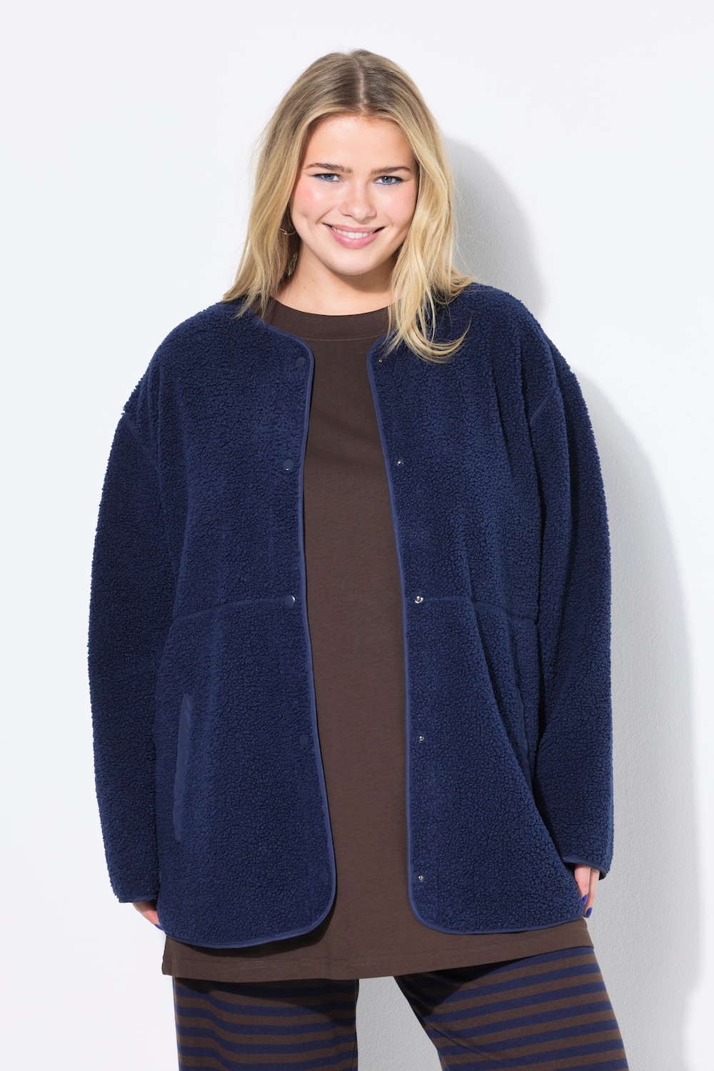 Teddyfleece-Jacke, oversized, Rundhals