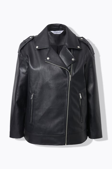 Bikerjacke, Fake-Leder, länger und oversized, Metallic-Zipper