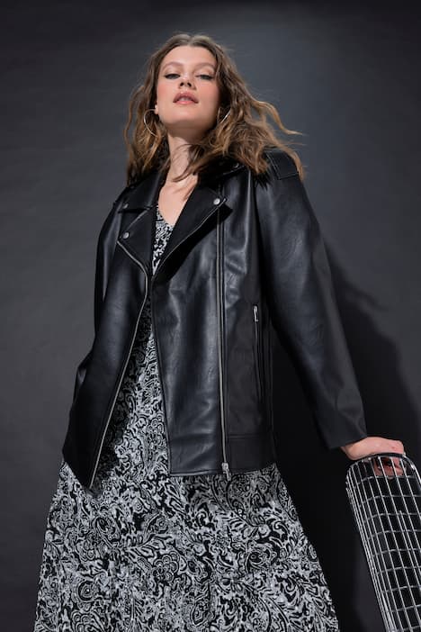 Bikerjacke, Fake-Leder, länger und oversized, Metallic-Zipper