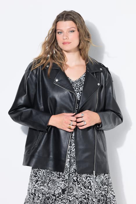Bikerjacke, Fake-Leder, länger und oversized, Metallic-Zipper