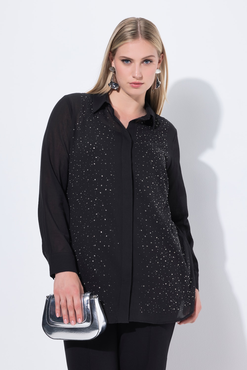 Bluse, Ziersteinchen, Hemdkragen, Langarm