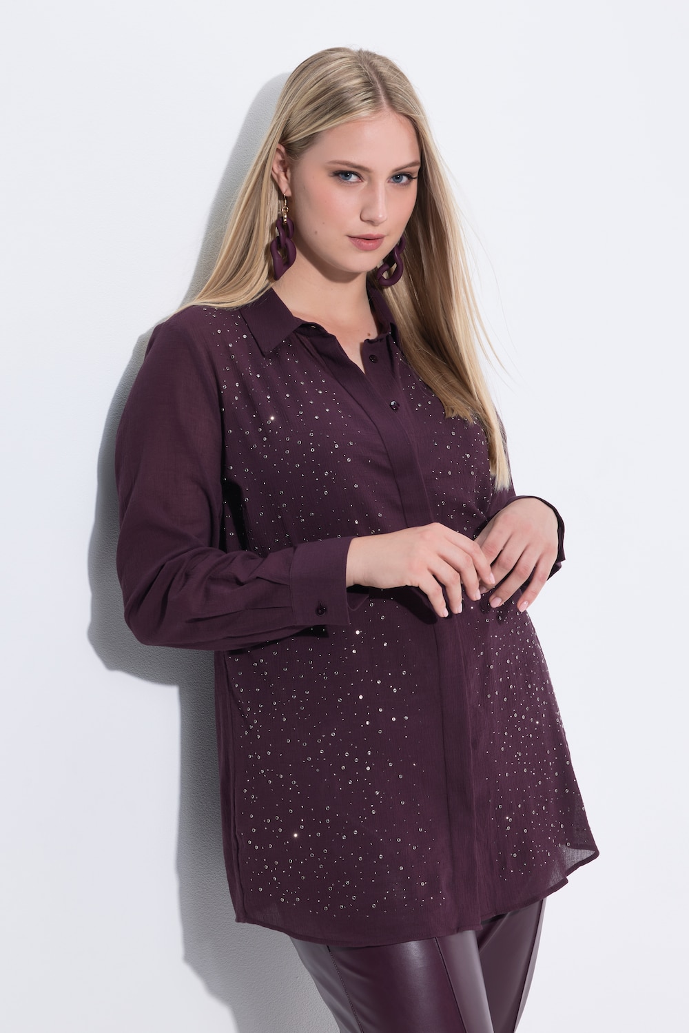 Blouse, siersteentjes, overhemdkraag, lange mouwen