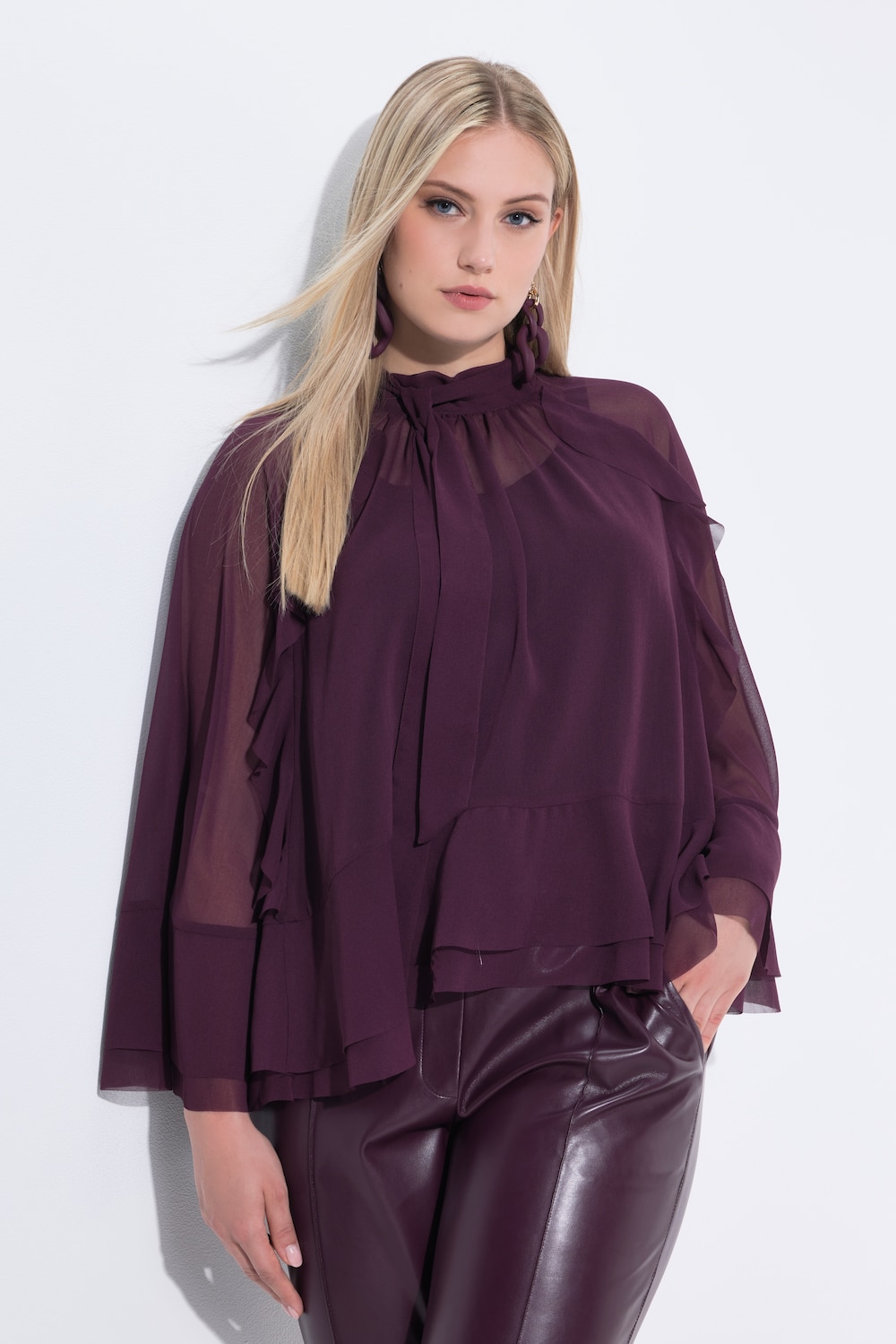 Cape-Bluse, Chiffon, Stehkragen, Schal