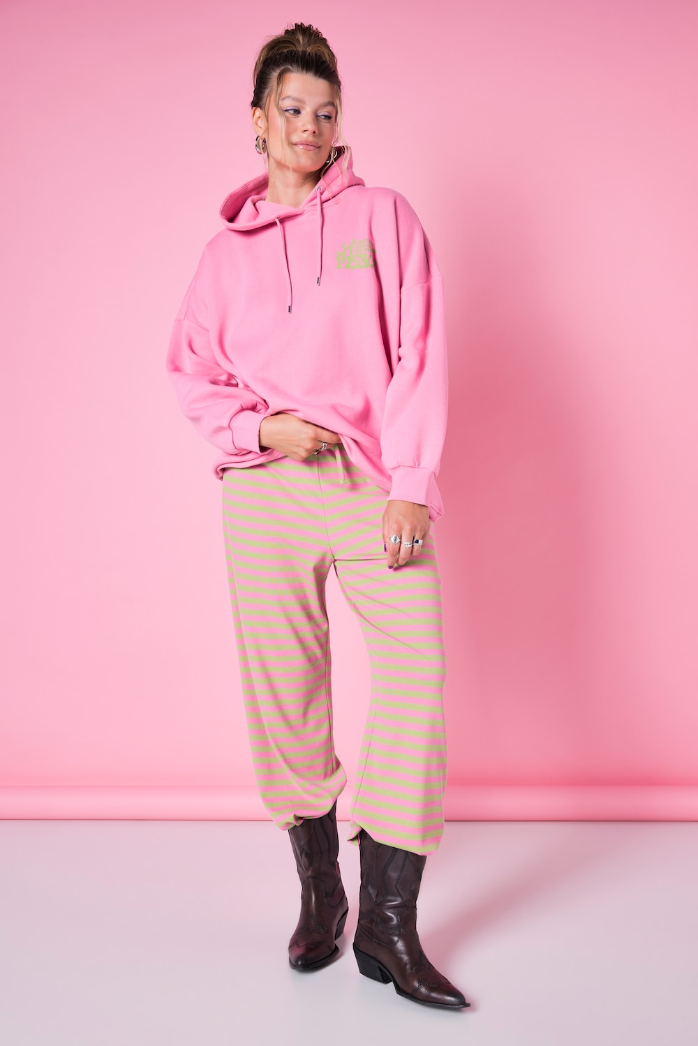 Hose, Wide Legs, Rippjersey mit Ringeln