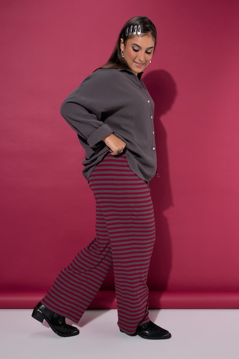 Hose, Wide Legs, Rippjersey mit Ringeln