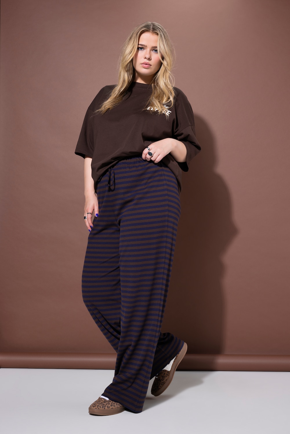 Hose, Wide Legs, Rippjersey mit Ringeln