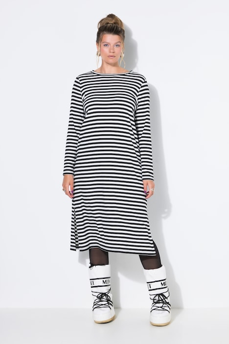 Maxi-jurk, A-lijn, ribjersey met strepen, lange mouwen
