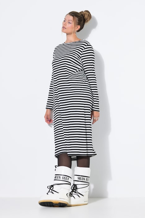 Maxi-jurk, A-lijn, ribjersey met strepen, lange mouwen