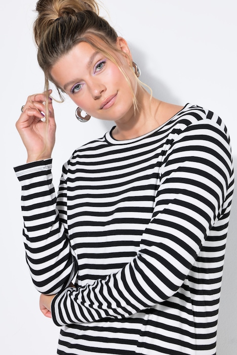 Maxi-jurk, A-lijn, ribjersey met strepen, lange mouwen