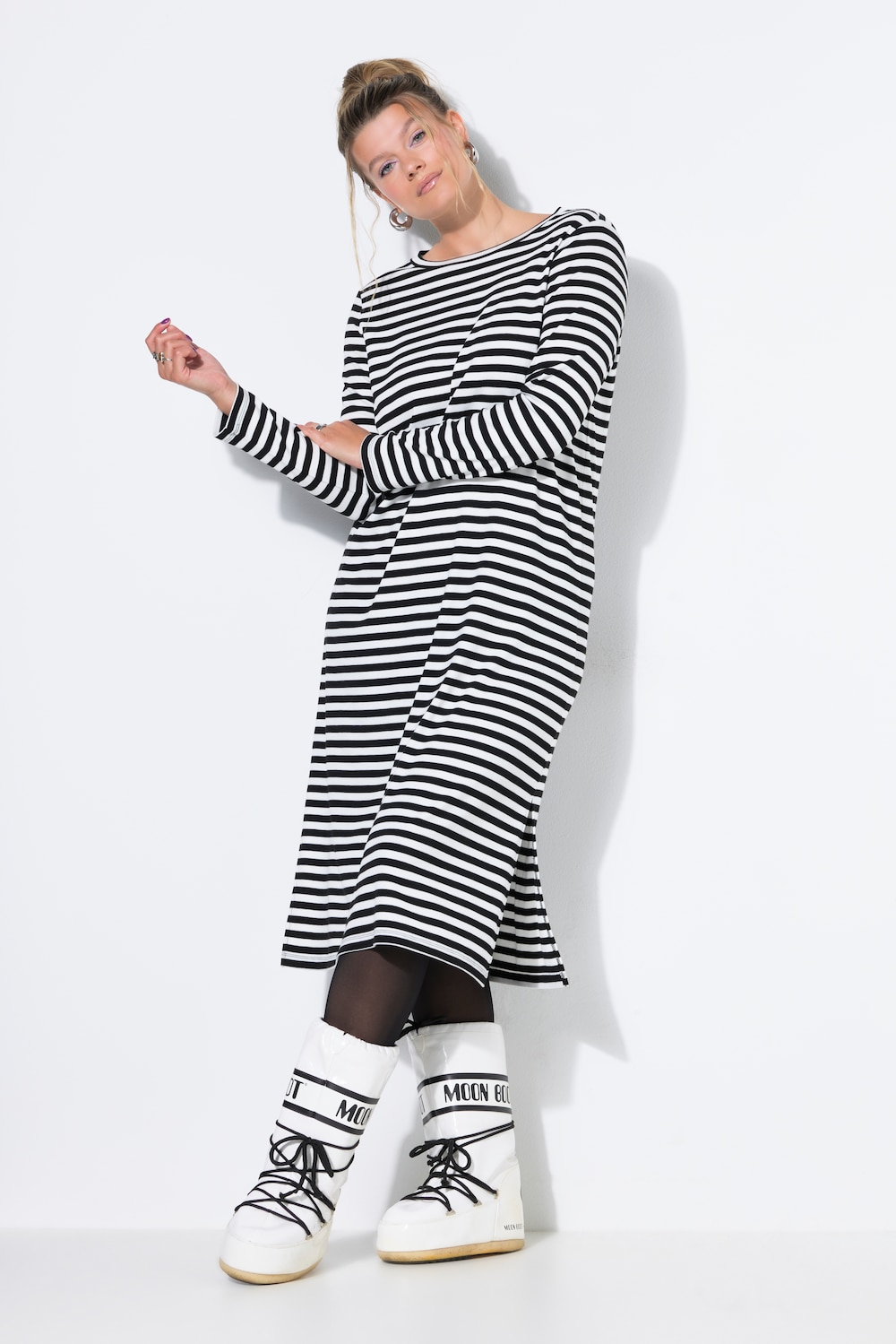 Maxi-jurk, A-lijn, ribjersey met strepen, lange mouwen