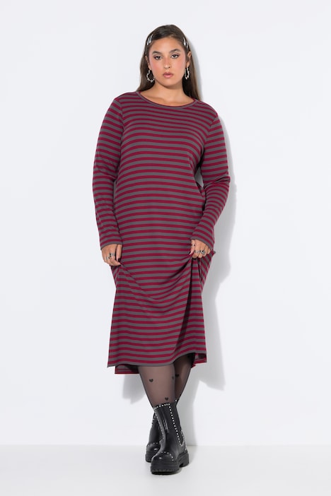 Maxi-jurk, A-lijn, ribjersey met strepen, lange mouwen