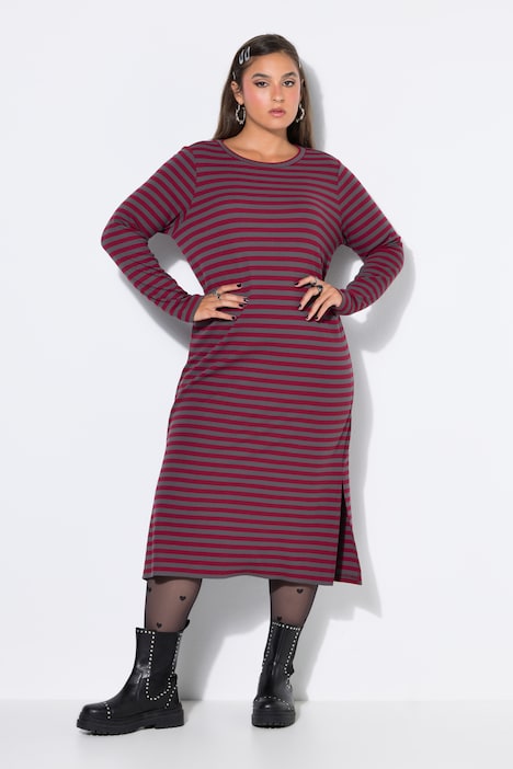 Maxi-jurk, A-lijn, ribjersey met strepen, lange mouwen