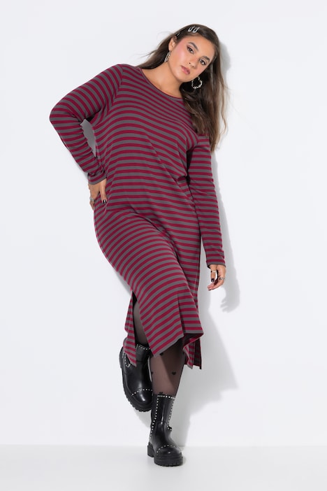 Maxi-jurk, A-lijn, ribjersey met strepen, lange mouwen