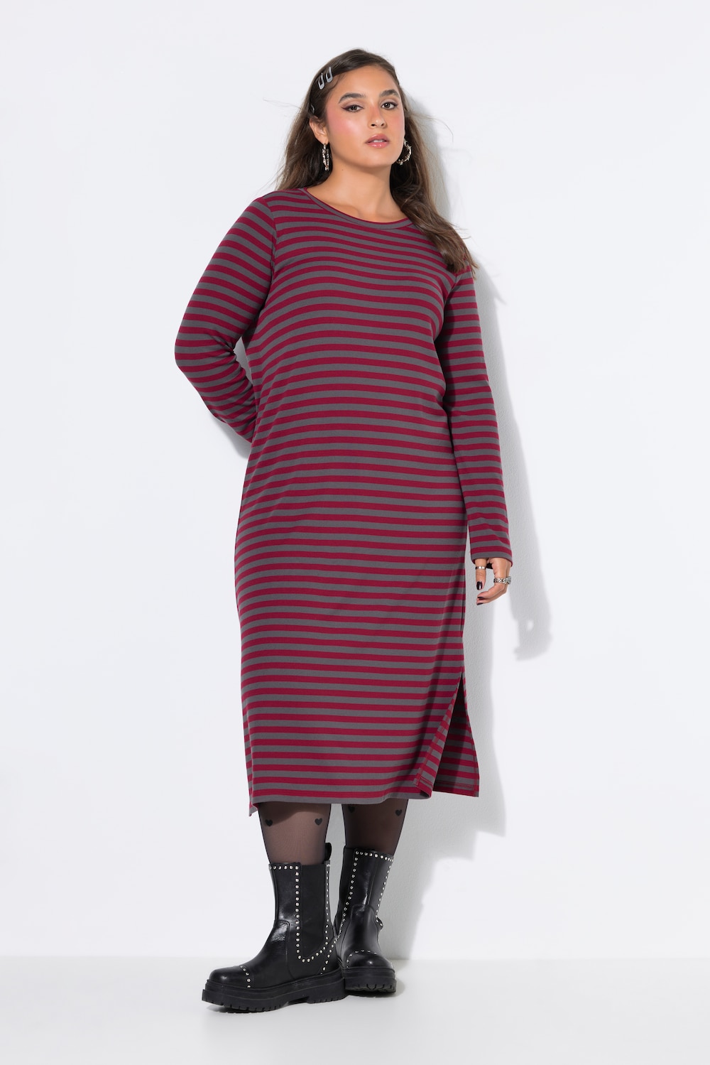 Maxi-jurk, A-lijn, ribjersey met strepen, lange mouwen