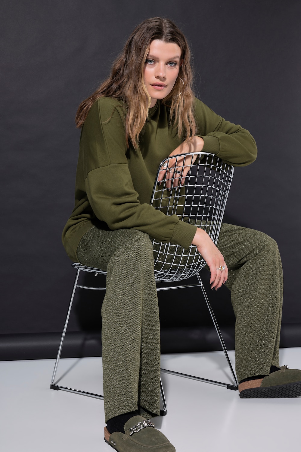 Broek, wijde pijpen, hoge taille, glitter-jacquard