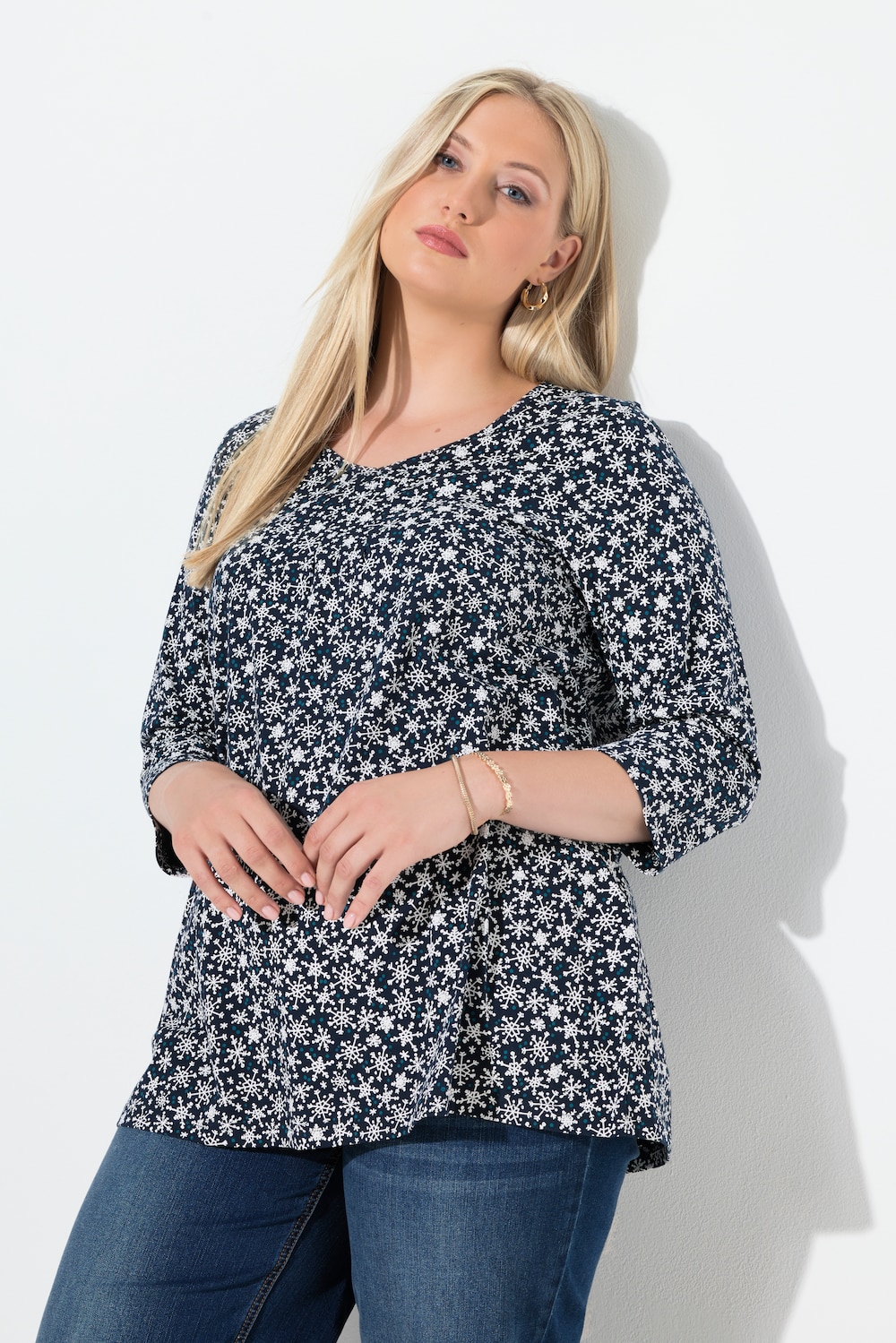 Shirt, Schneeflocken, A-Linie, V-Ausschnitt, 3/4-Arm
