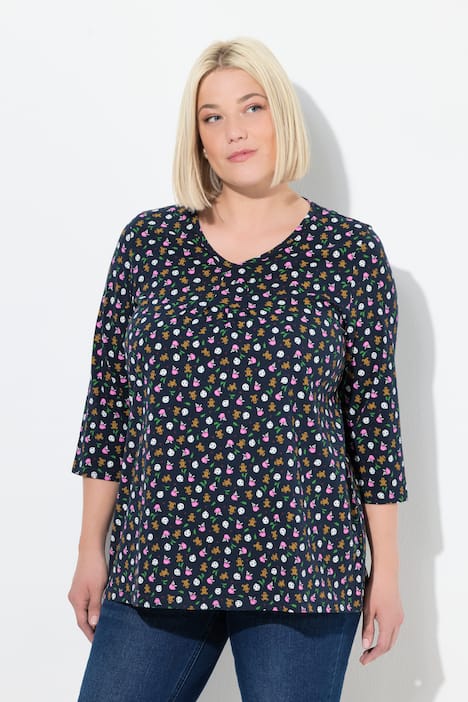 Shirt, peperkoekfiguurtjes, A-lijn, V-hals, 3/4-mouwen
