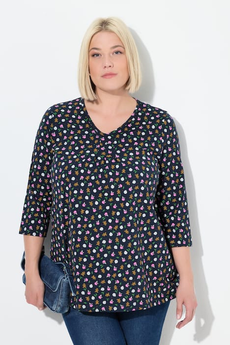 Shirt, peperkoekfiguurtjes, A-lijn, V-hals, 3/4-mouwen