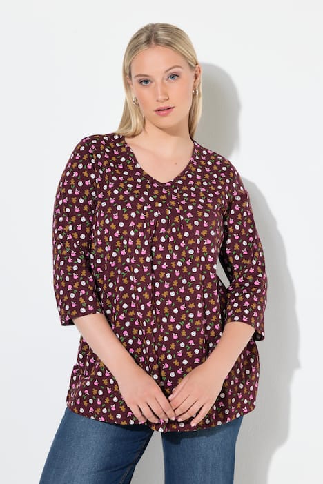 Shirt, peperkoekfiguurtjes, A-lijn, V-hals, 3/4-mouwen