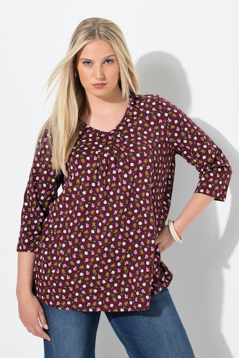 Shirt, peperkoekfiguurtjes, A-lijn, V-hals, 3/4-mouwen