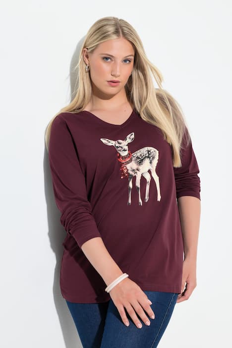 Shirt, reekalf, pailletten, A-lijn, V-hals, lange mouwen