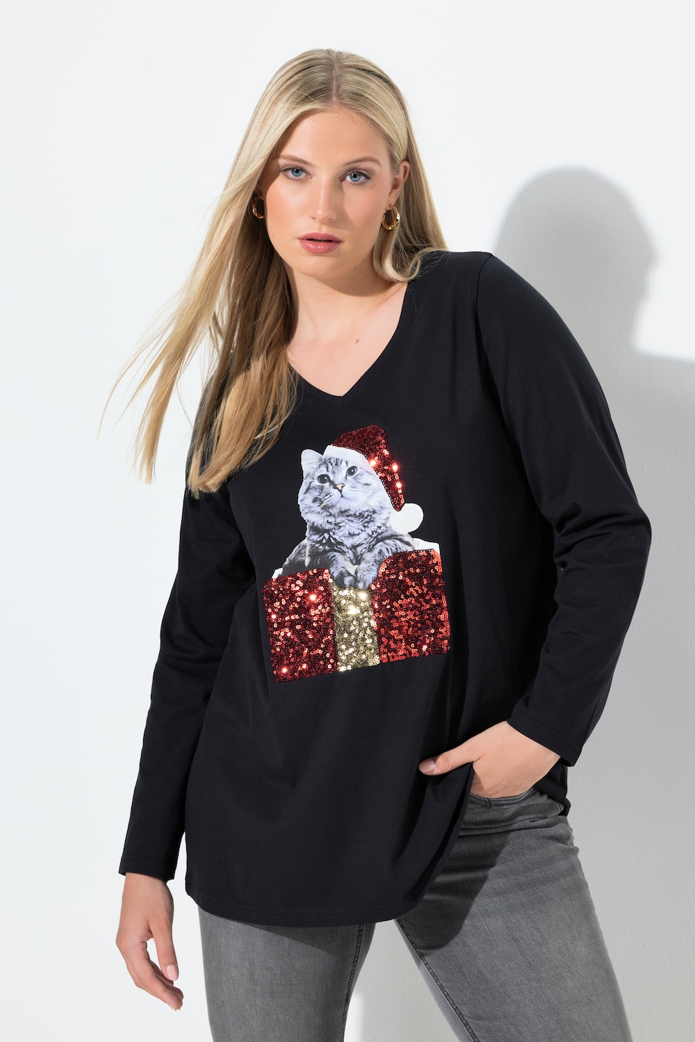 Shirt, Katze, Pailletten, A-Linie, V-Ausschnitt, Langarm