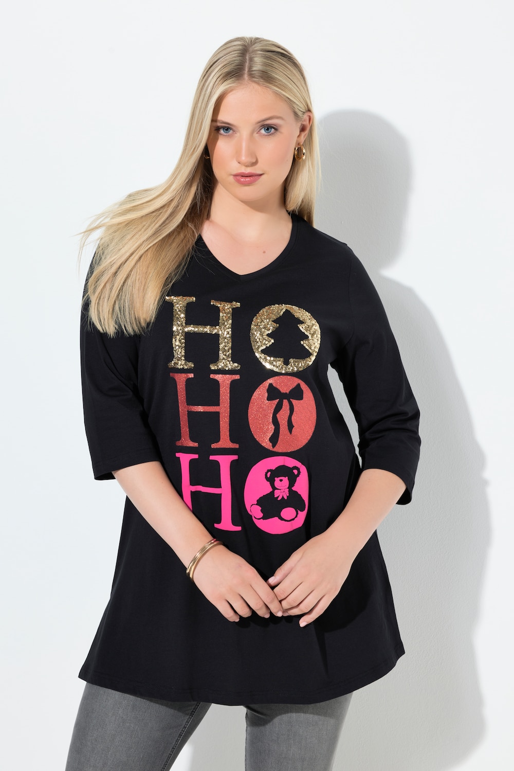 Longshirt, Ho Ho Ho, A-Linie, V-Ausschnitt, Langarm