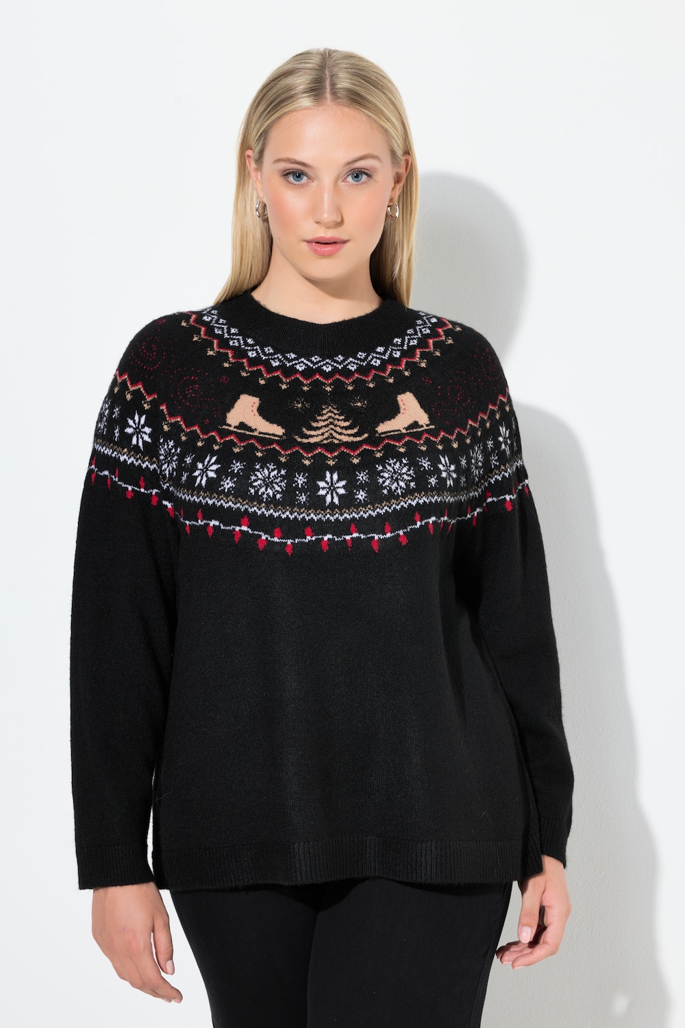 Große Größen Weihnachtspullover, Damen, schwarz, Größe: 50/52, Synthetische Fasern/Polyester, Ulla Popken