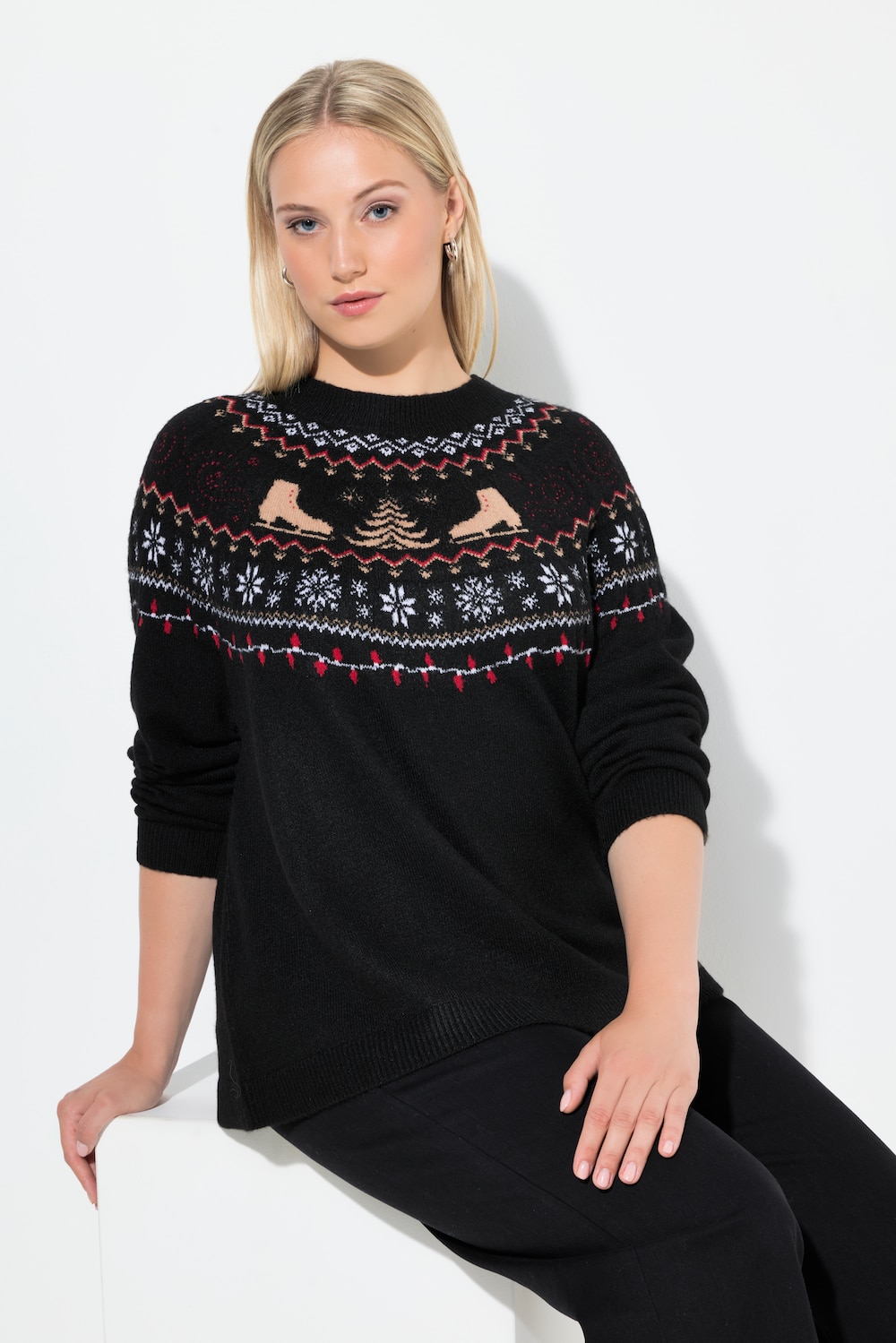 Große Größen Weihnachtspullover, Damen, schwarz, Größe: 42/44, Synthetische Fasern/Polyester, Ulla Popken