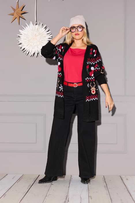 Long-Strickjacke, Weihnachten, V-Ausschnitt, Langarm