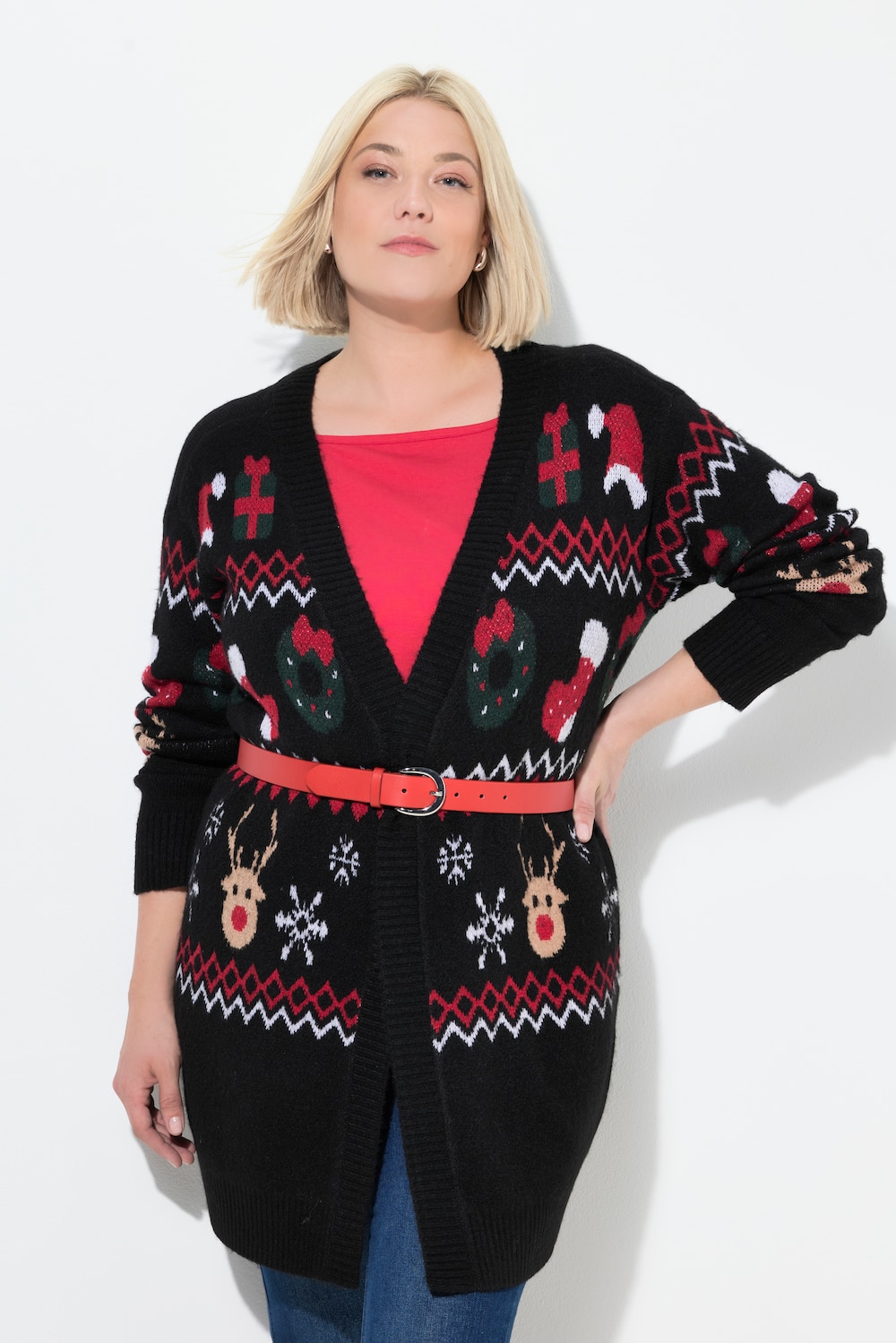 Lang cardigan, julemønster, V-udskæring, lange ærmer