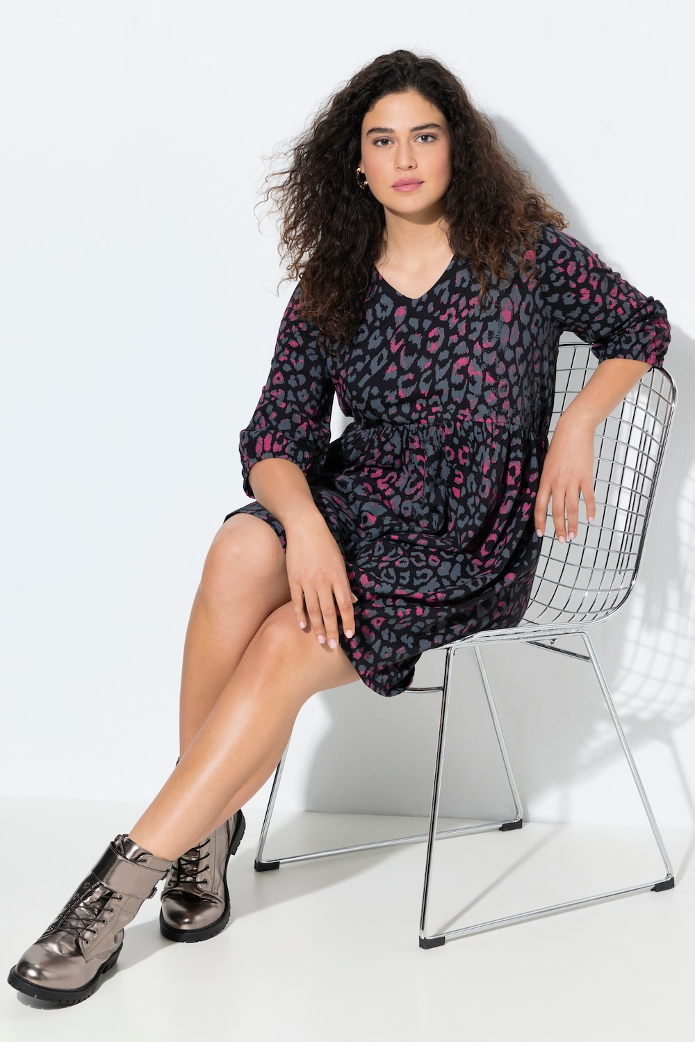 Jerseykleid, Animaldruck, A-Linie, V-Ausschnitt, 3/4-Arm