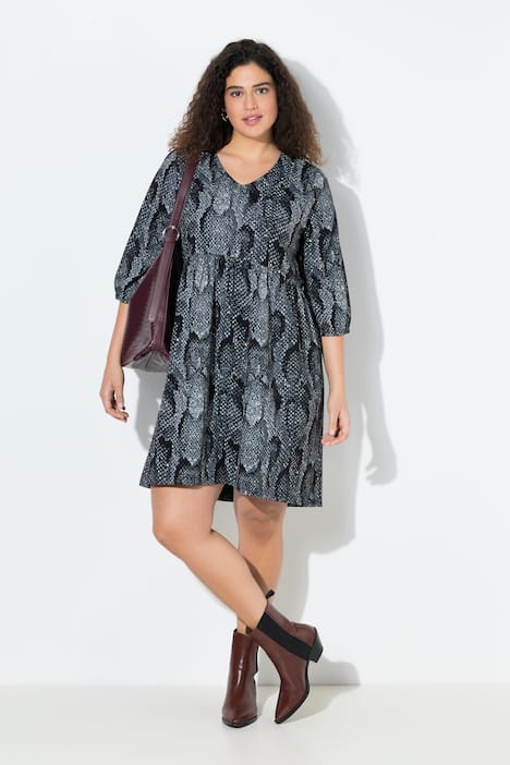 Jerseykleid, Animaldruck, A-Linie, V-Ausschnitt, 3/4-Arm