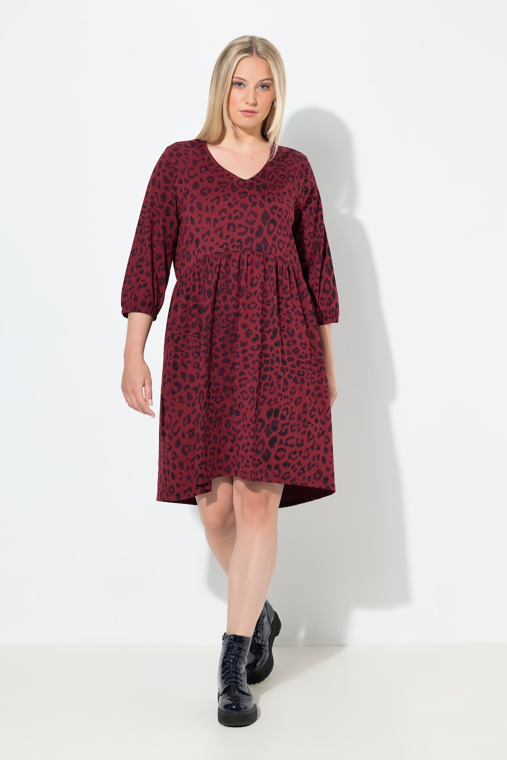 Jerseykleid, Animaldruck, A-Linie, V-Ausschnitt, 3/4-Arm